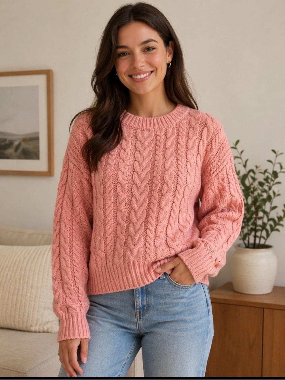 Ophelia Roe Cable Knit Sweater in Soft Pink